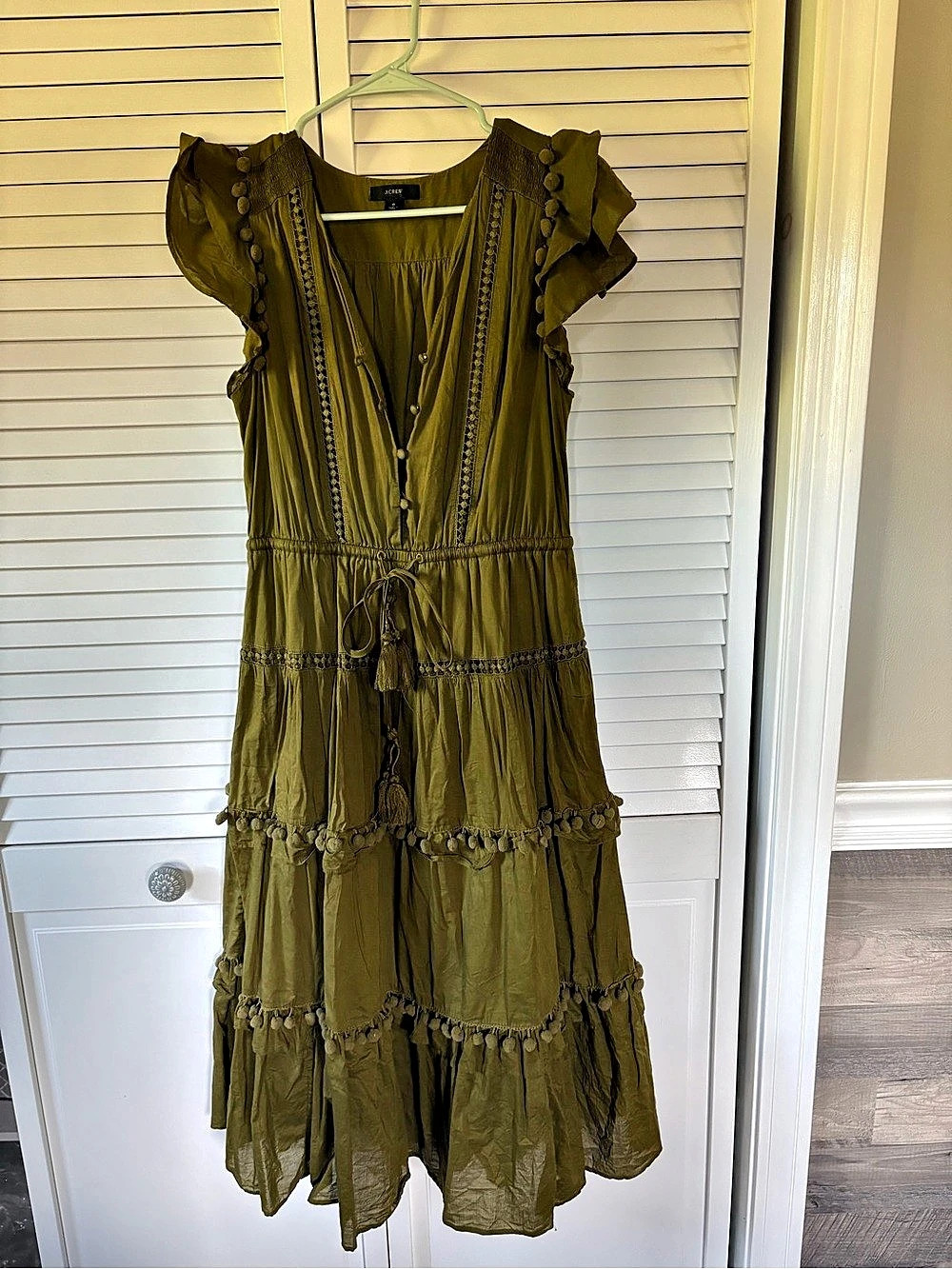 J.Crew Flutter-Sleeve Pom-Pom Midi Dress Green Size 6